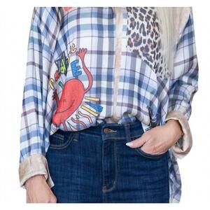 NEW YOLLY love long sleeve plaid graphic shirt in blue